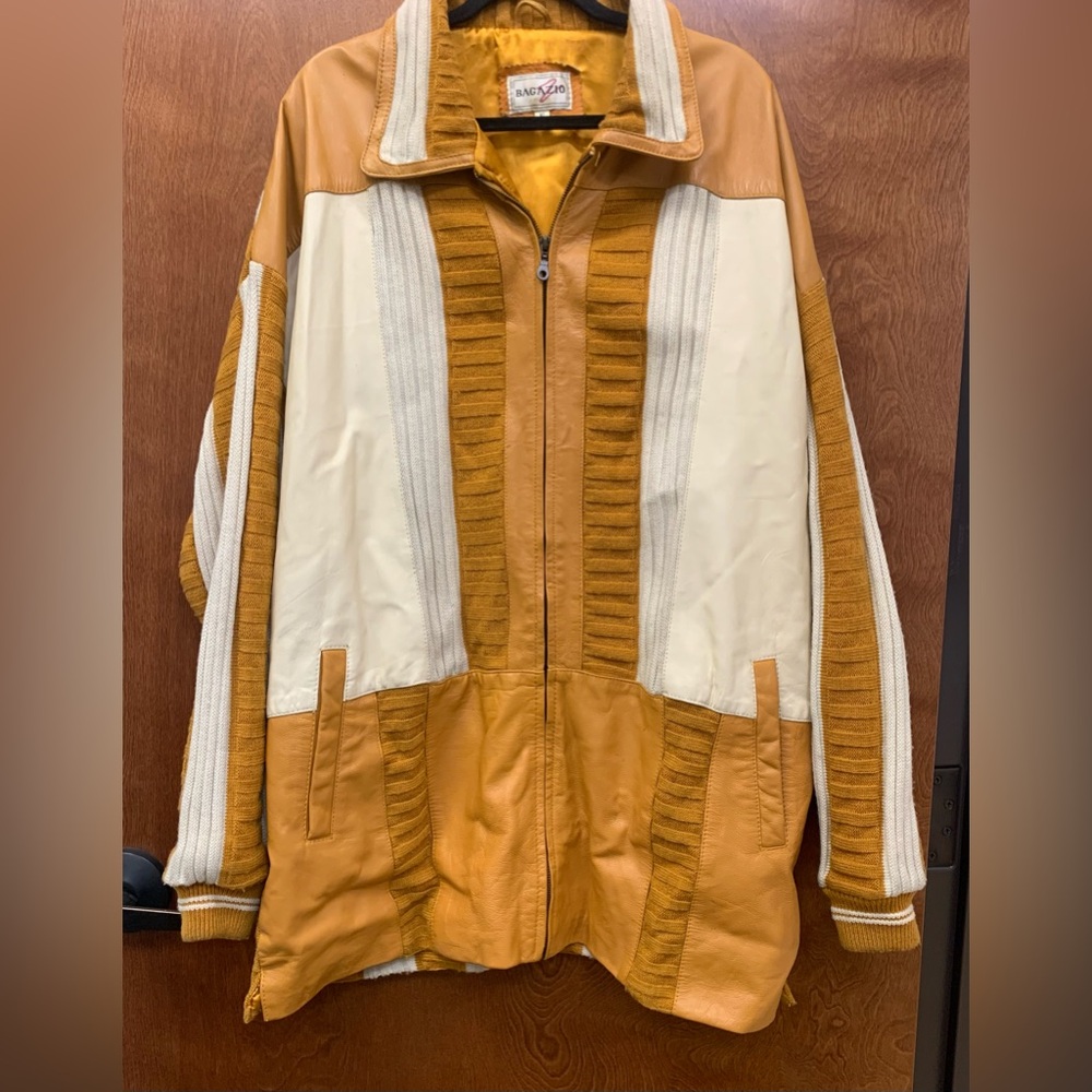 Vintage Bagazio retro leather & sweater jacket yellow/cream hip hop/rap size XL